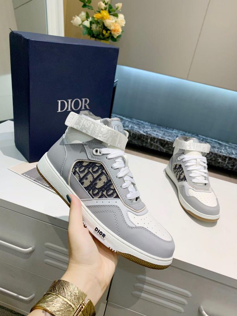 Dior 3SH132 B27 High Top Sneaker Gray and white Calfskin With Oblique Jacquard - Voguebags