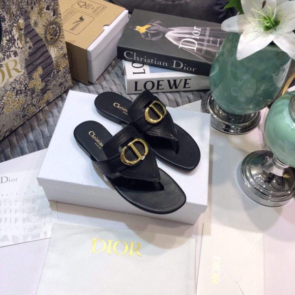 Dior KCQ386 Diro 30 Montaigne Flat Thong Sandals Black Calfskin - luxibagsmall