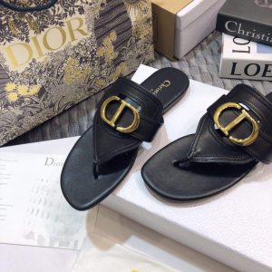 Dior KCQ386 Diro 30 Montaigne Flat Thong Sandals Black Calfskin - luxibagsmall