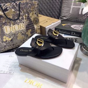 Dior KCQ386 Diro 30 Montaigne Flat Thong Sandals Black Calfskin - luxibagsmall