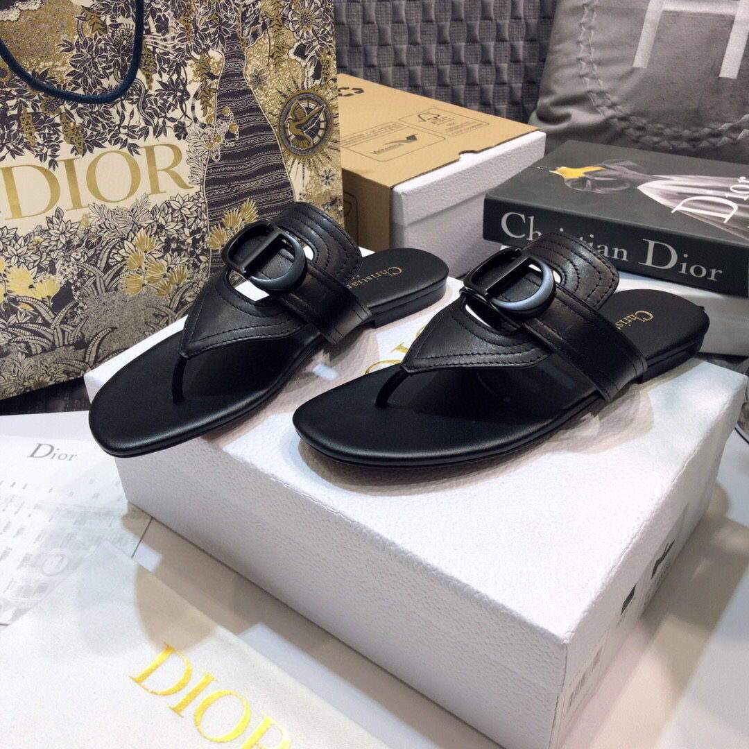 Dior KCQ386 Diro 30 Montaigne Flat Thong Sandals Calfskin Black Hardware Logo - luxibagsmall