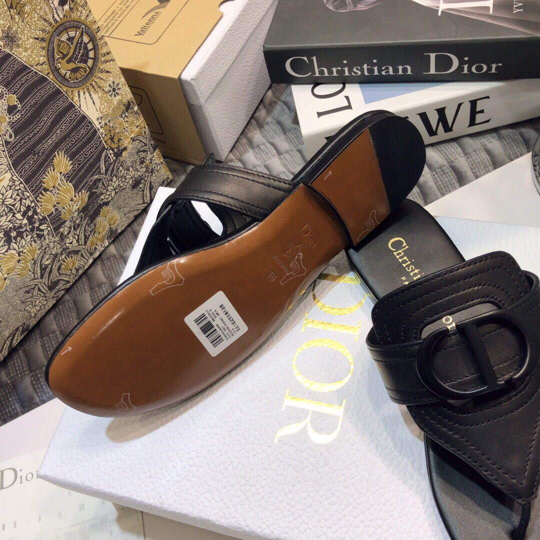 Dior KCQ386 Diro 30 Montaigne Flat Thong Sandals Calfskin Black Hardware Logo - luxibagsmall