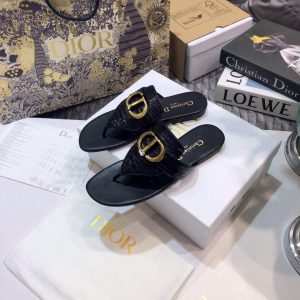 Dior KCQ386 Diro 30 Montaigne Flat Thong Sandals Calfskin Black Gold - luxibagsmall