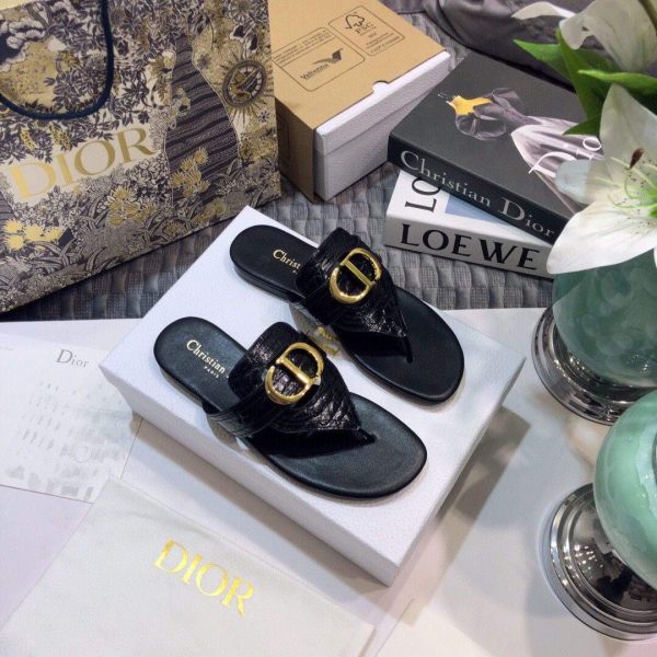 Dior KCQ386 Diro 30 Montaigne Flat Thong Sandals Calfskin Black Gold - luxibagsmall