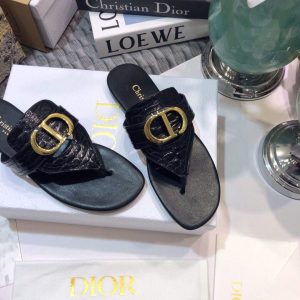 Dior KCQ386 Diro 30 Montaigne Flat Thong Sandals Calfskin Black Gold - luxibagsmall