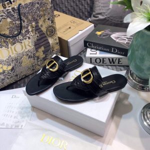 Dior KCQ386 Diro 30 Montaigne Flat Thong Sandals Calfskin Black Gold - luxibagsmall