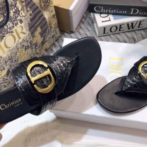 Dior KCQ386 Diro 30 Montaigne Flat Thong Sandals Calfskin Black Gold - luxibagsmall