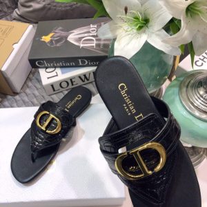 Dior KCQ386 Diro 30 Montaigne Flat Thong Sandals Calfskin Black Gold - luxibagsmall