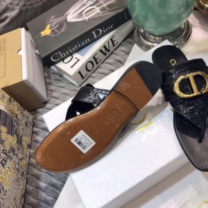 Dior KCQ386 Diro 30 Montaigne Flat Thong Sandals Calfskin Black Gold - luxibagsmall