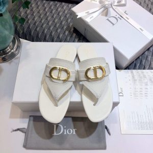 Dior KCQ386 Diro 30 Montaigne Flat Thong Sandals Calfskin White - luxibagsmall