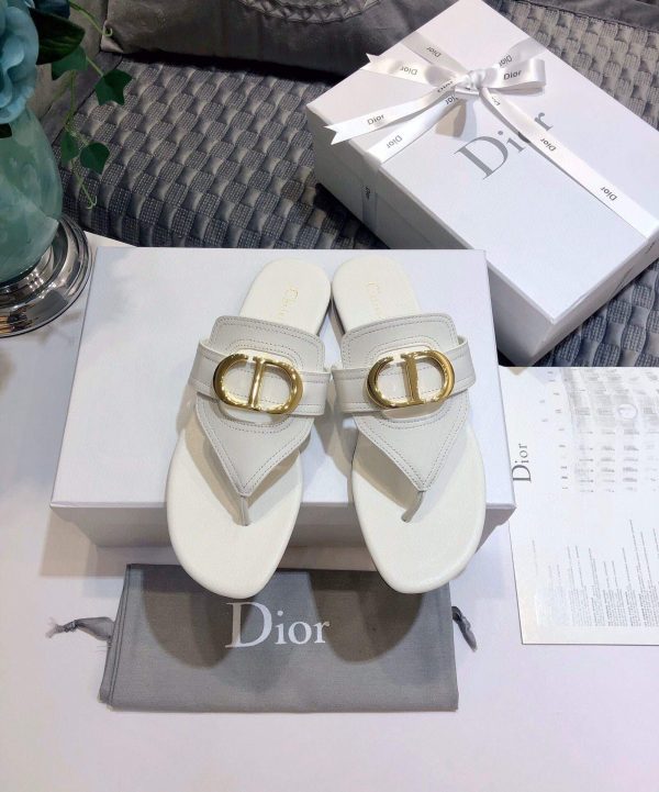 Dior KCQ386 Diro 30 Montaigne Flat Thong Sandals Calfskin White - luxibagsmall