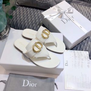 Dior KCQ386 Diro 30 Montaigne Flat Thong Sandals Calfskin White - luxibagsmall