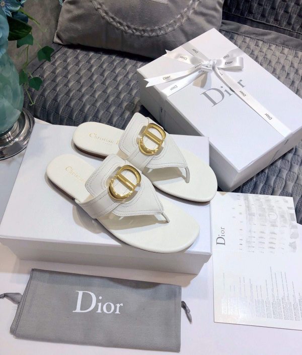 Dior KCQ386 Diro 30 Montaigne Flat Thong Sandals Calfskin White - luxibagsmall