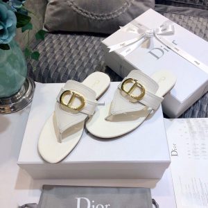 Dior KCQ386 Diro 30 Montaigne Flat Thong Sandals Calfskin White - luxibagsmall