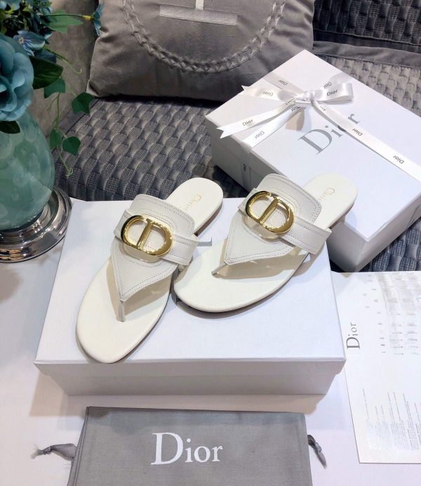 Dior KCQ386 Diro 30 Montaigne Flat Thong Sandals Calfskin White - luxibagsmall