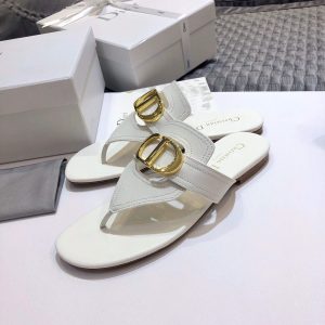 Dior KCQ386 Diro 30 Montaigne Flat Thong Sandals Calfskin White - luxibagsmall