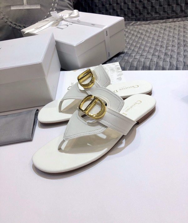 Dior KCQ386 Diro 30 Montaigne Flat Thong Sandals Calfskin White - luxibagsmall