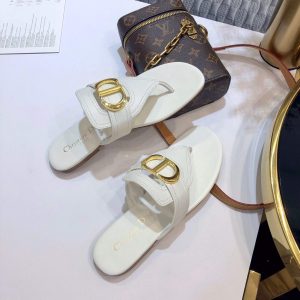 Dior KCQ386 Diro 30 Montaigne Flat Thong Sandals Calfskin White - luxibagsmall