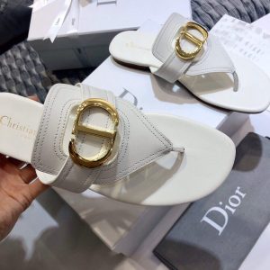 Dior KCQ386 Diro 30 Montaigne Flat Thong Sandals Calfskin White - luxibagsmall