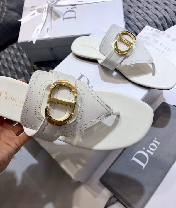 Dior KCQ386 Diro 30 Montaigne Flat Thong Sandals Calfskin White - luxibagsmall