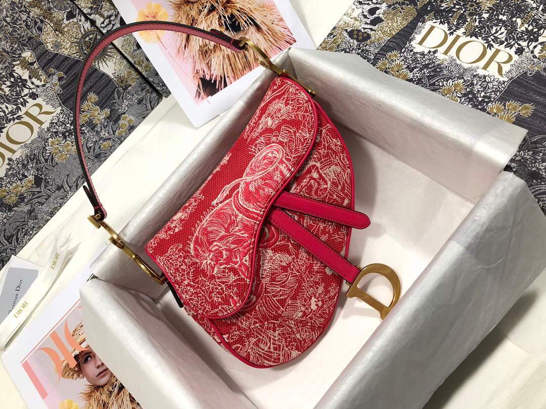 Dior M0446 Dior Saddle Bag Red Toile de Jouy Reverse Jacquard - shop2bag