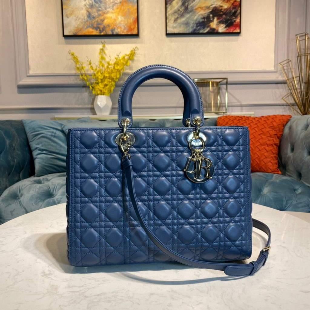 Dior M0566 Large Lady Dior Bag Blue Cannage Lambskin - Voguebags