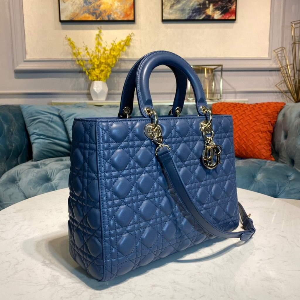 Dior M0566 Large Lady Dior Bag Blue Cannage Lambskin - Voguebags