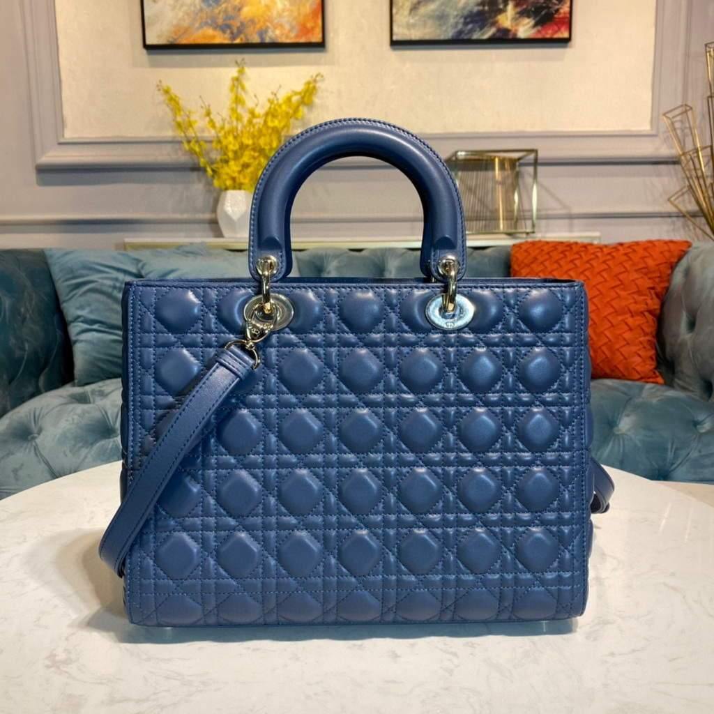 Dior M0566 Large Lady Dior Bag Blue Cannage Lambskin - Voguebags