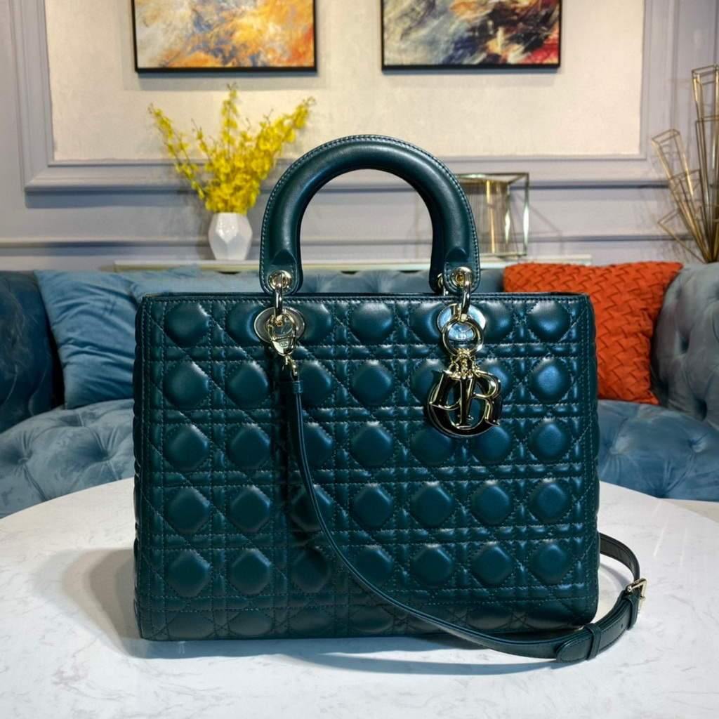 Dior M0566 Large Lady Dior Bag Dark Green Cannage Lambskin - Voguebags