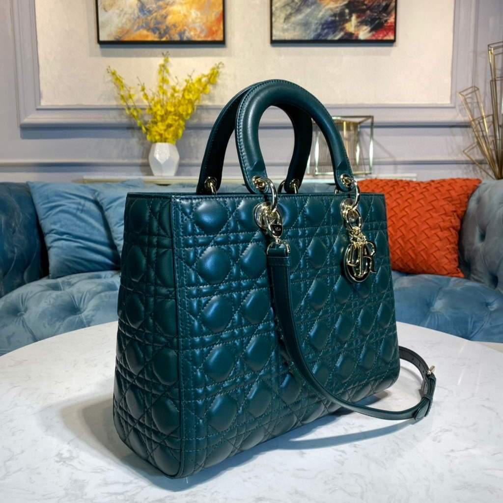 Dior M0566 Large Lady Dior Bag Dark Green Cannage Lambskin - Voguebags