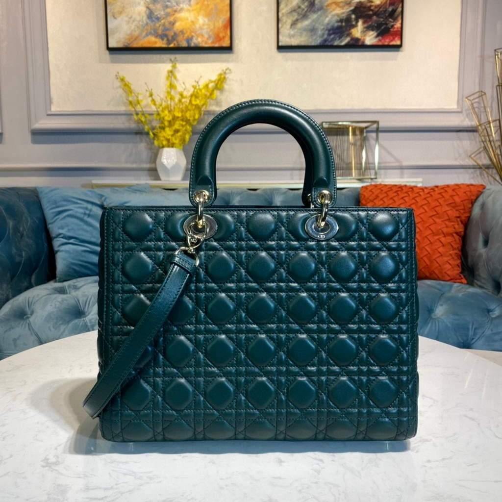 Dior M0566 Large Lady Dior Bag Dark Green Cannage Lambskin - Voguebags