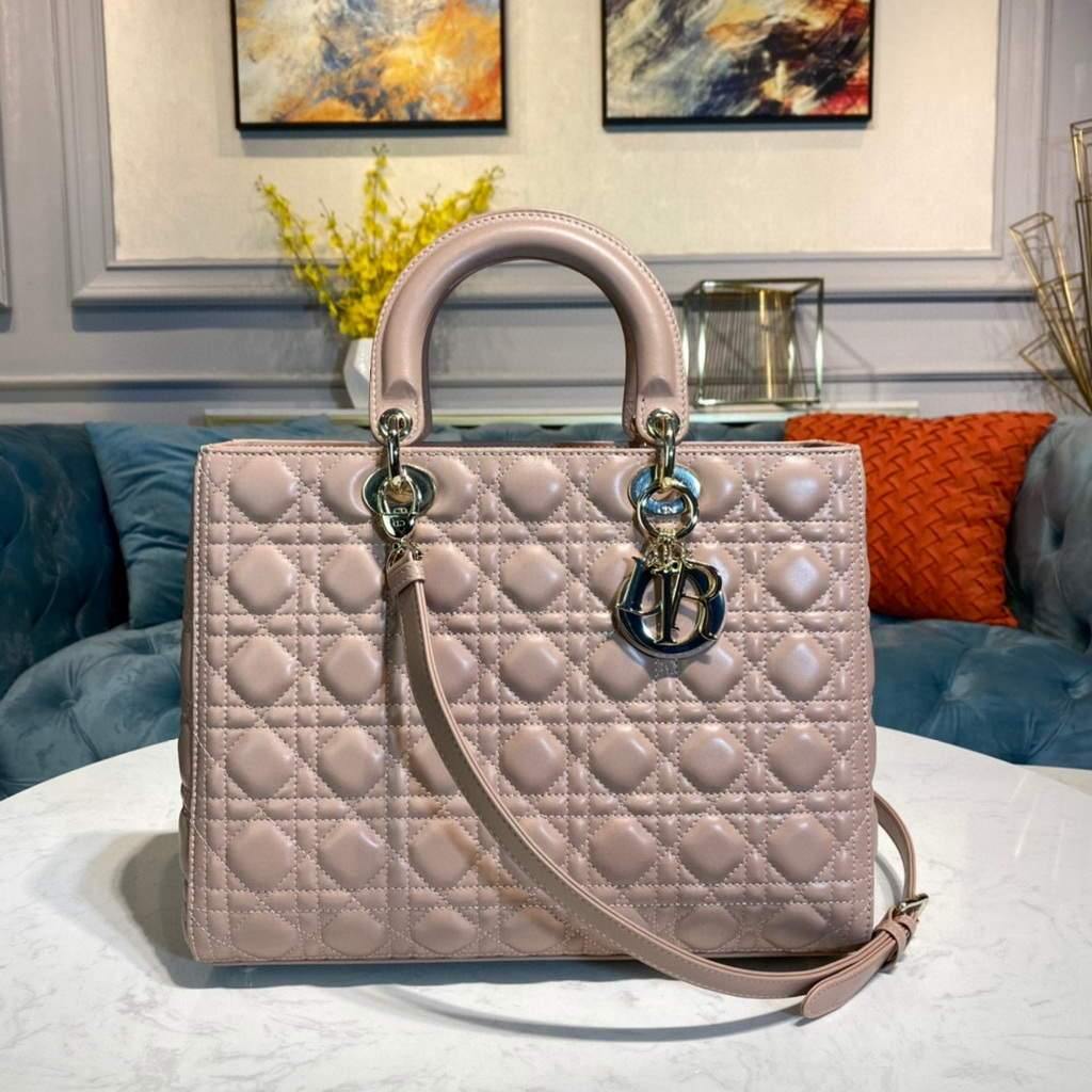 Dior M0566 Large Lady Dior Bag Pink Cannage Lambskin - Voguebags