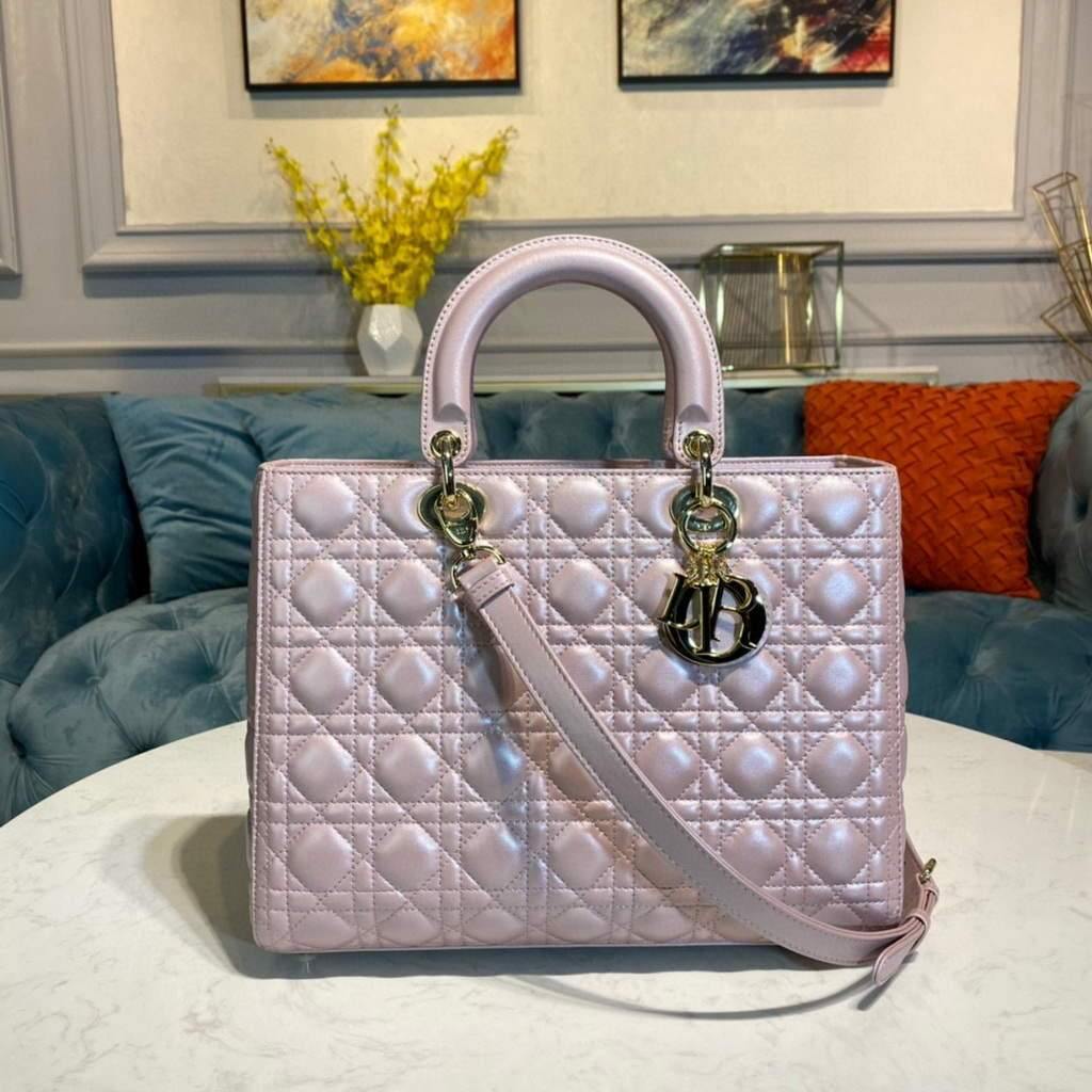 Dior M0566 Large Lady Dior Bag Silver Pink Cannage Lambskin - Voguebags