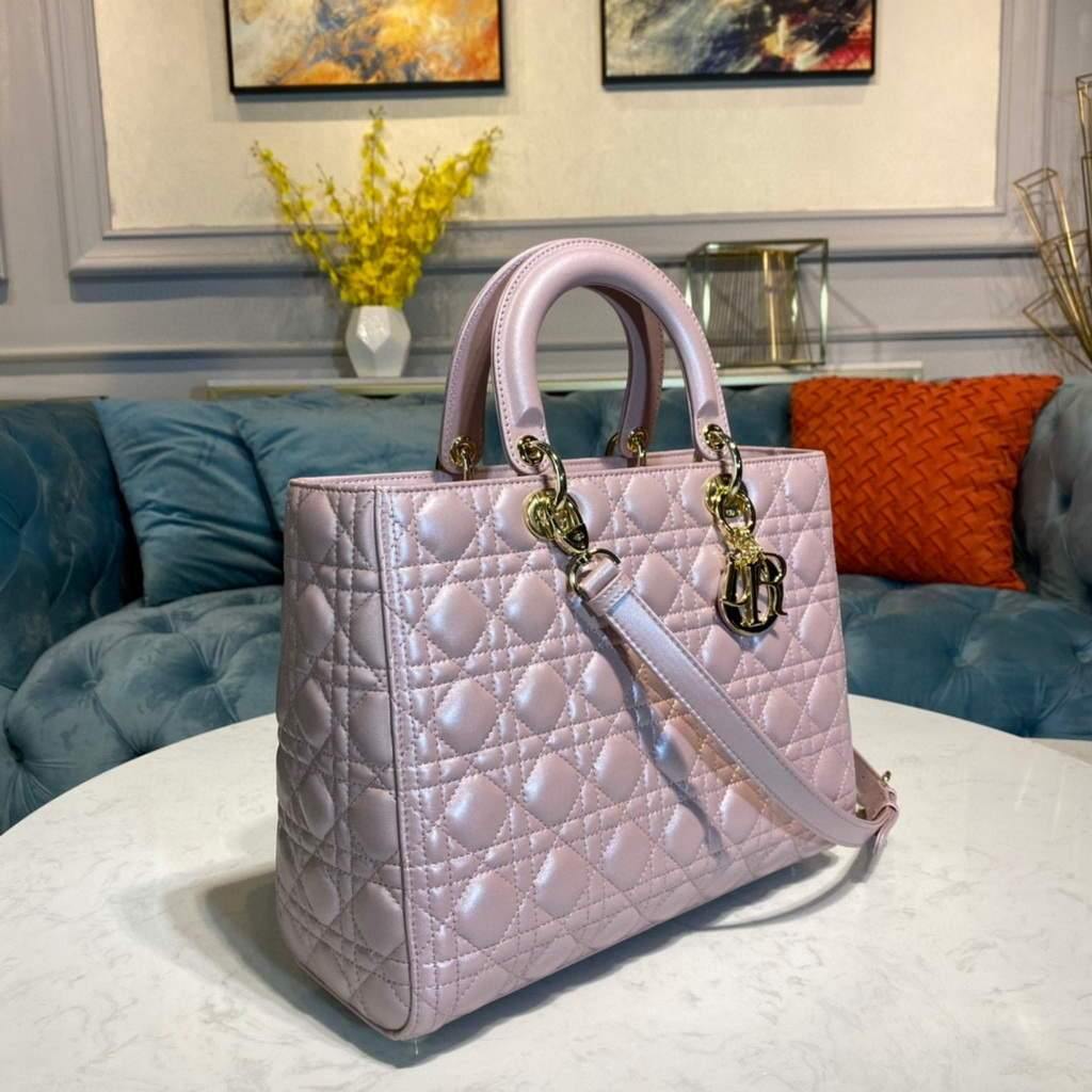 Dior M0566 Large Lady Dior Bag Silver Pink Cannage Lambskin - Voguebags