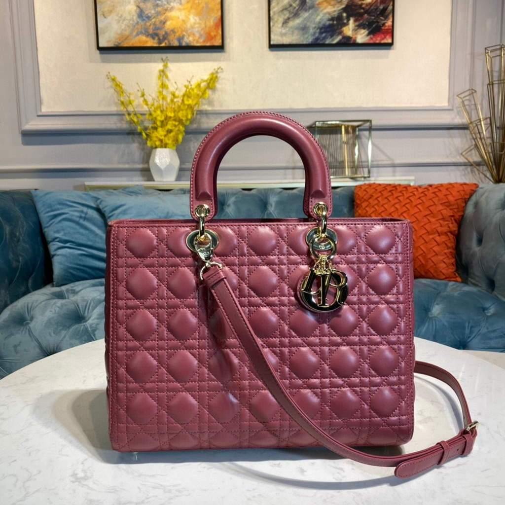 Dior M0566 Large Lady Dior Bag Wine Red Cannage Lambskin - Voguebags