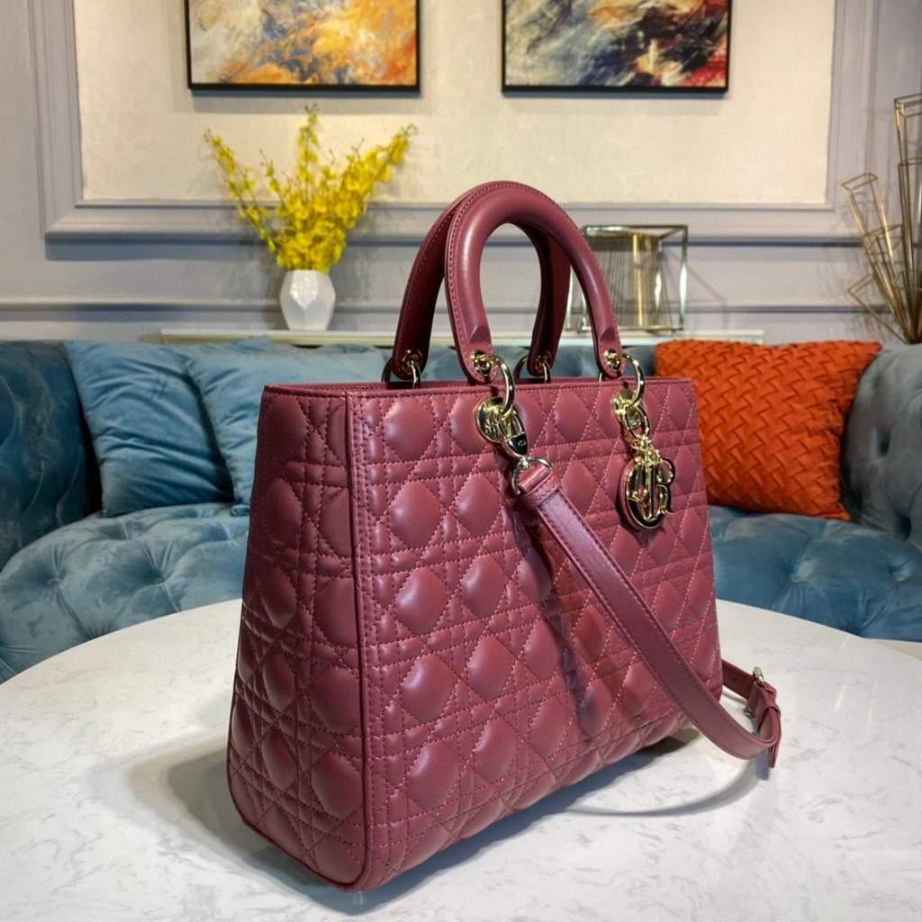 Dior M0566 Large Lady Dior Bag Wine Red Cannage Lambskin - Voguebags