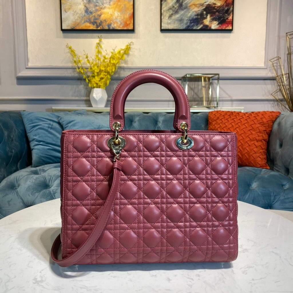 Dior M0566 Large Lady Dior Bag Wine Red Cannage Lambskin - Voguebags