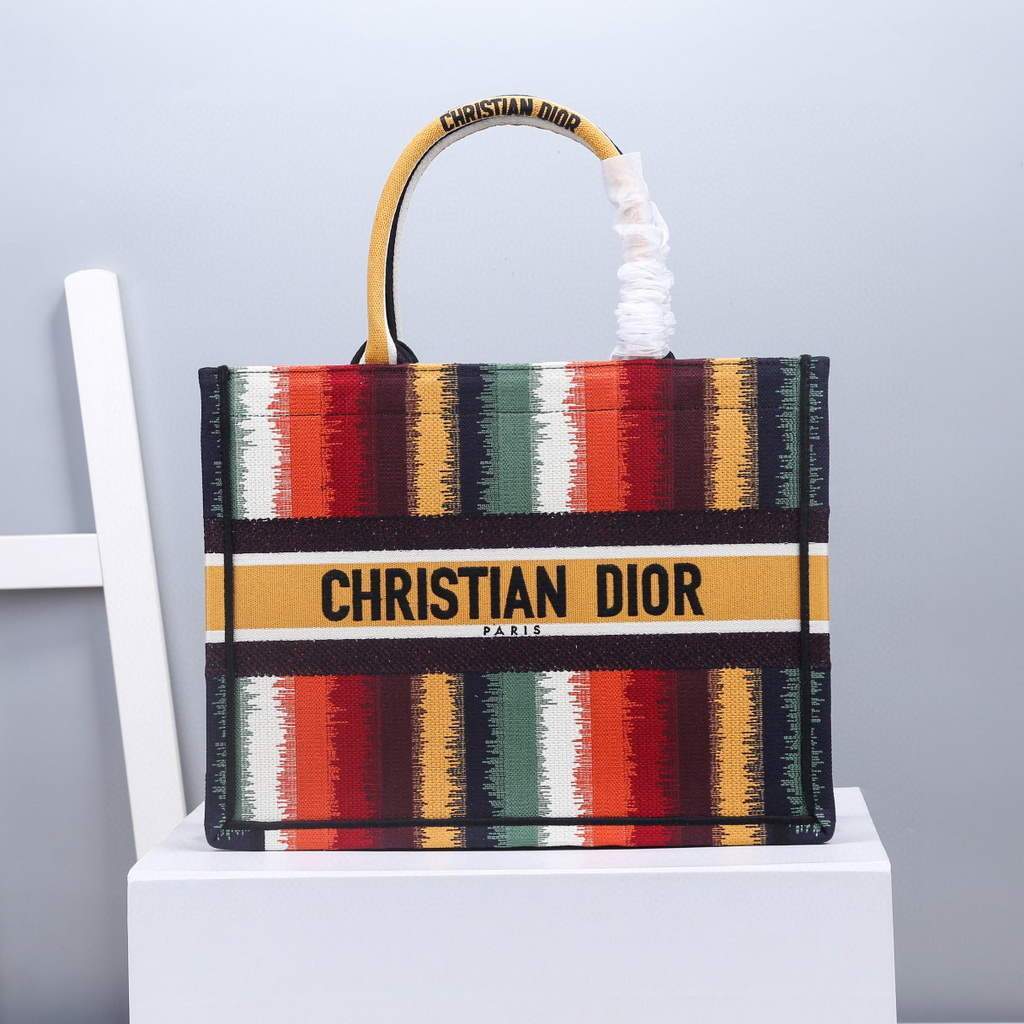 Dior M1286 Dior Book Tote Red Multicolor D-Stripes Embroidery - luxibagsmall