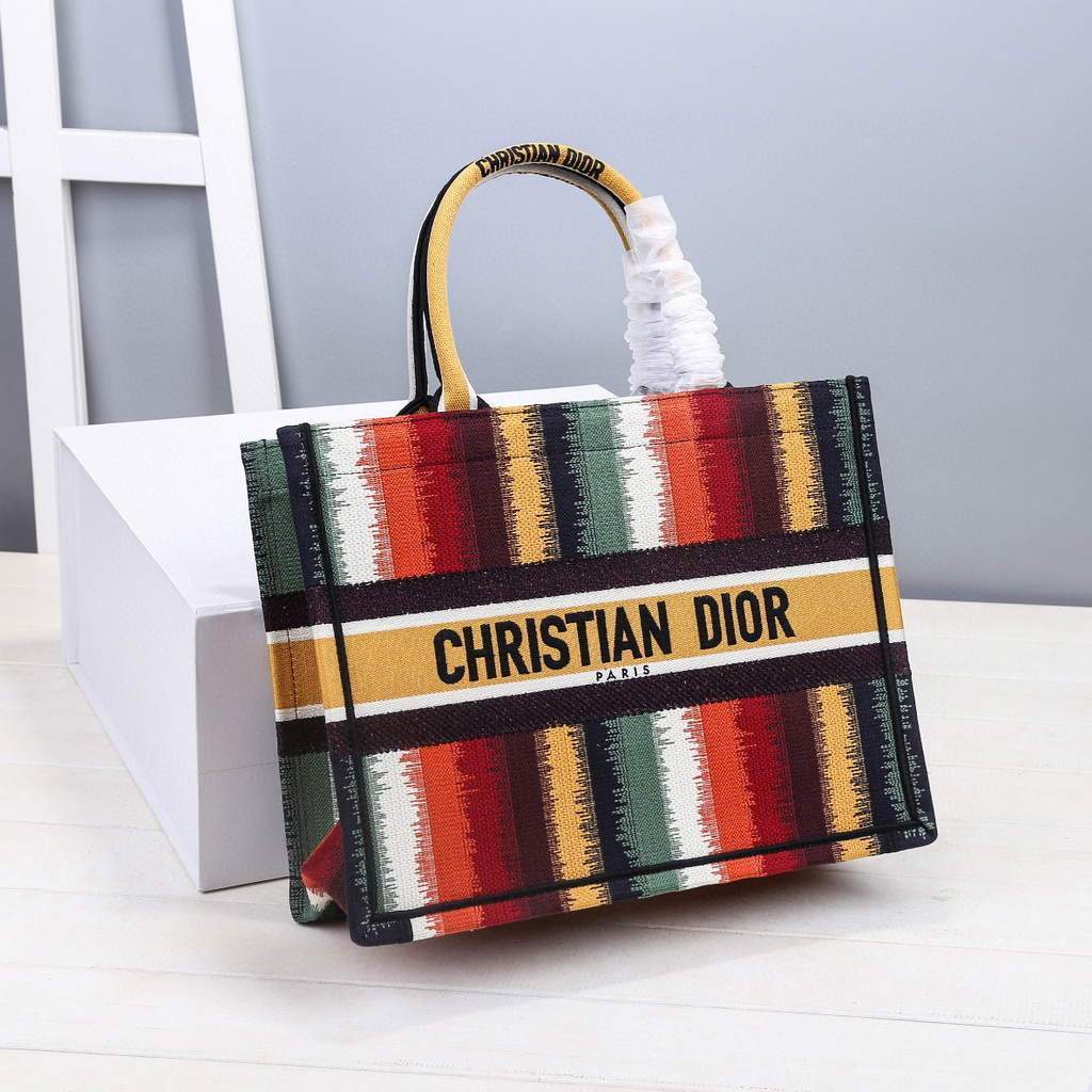 Dior M1286 Dior Book Tote Red Multicolor D-Stripes Embroidery - luxibagsmall