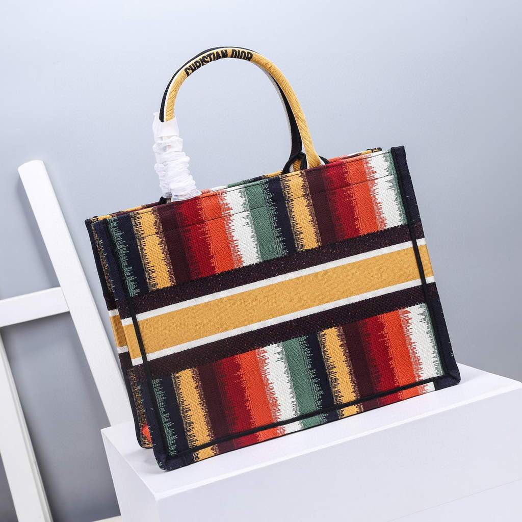 Dior M1286 Dior Book Tote Red Multicolor D-Stripes Embroidery - luxibagsmall