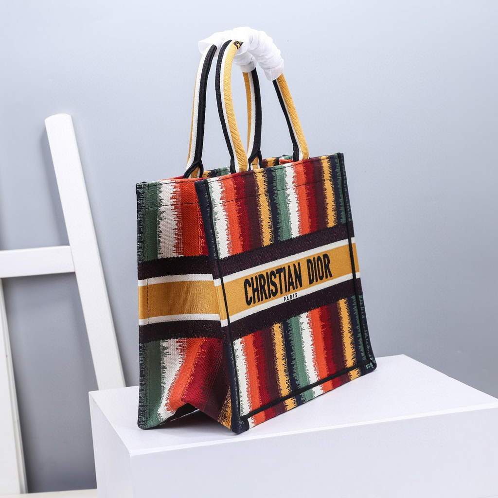 Dior M1286 Dior Book Tote Red Multicolor D-Stripes Embroidery - luxibagsmall