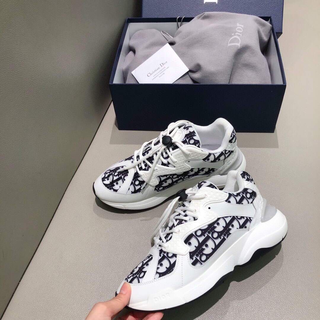 Dior Men's Women‘s D-CONNECT Sneaker Dior Printed Technical Fabric KCK302 Navy Blue and White - luxibagsmall