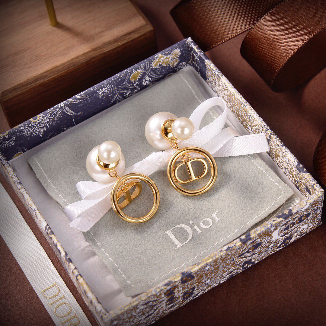 Dior Petit CD Earrings Gold-Finish Metal and White Resin Pearls 20200 - luxibagsmall