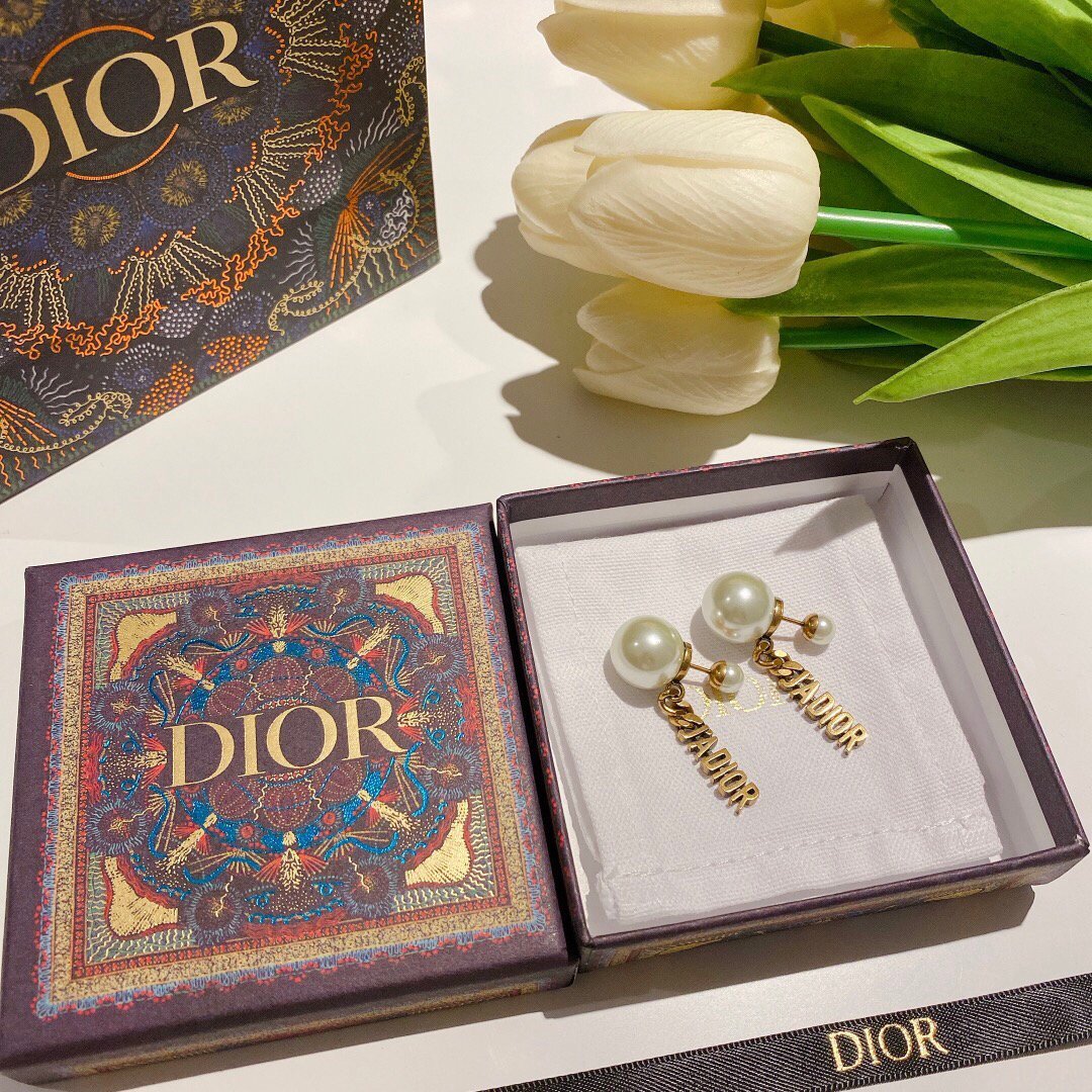 Dior J'ADIOR Earrings Antique Gold-Finish Metal White Resin Pearls and White Crystals 20202 - luxibagsmall