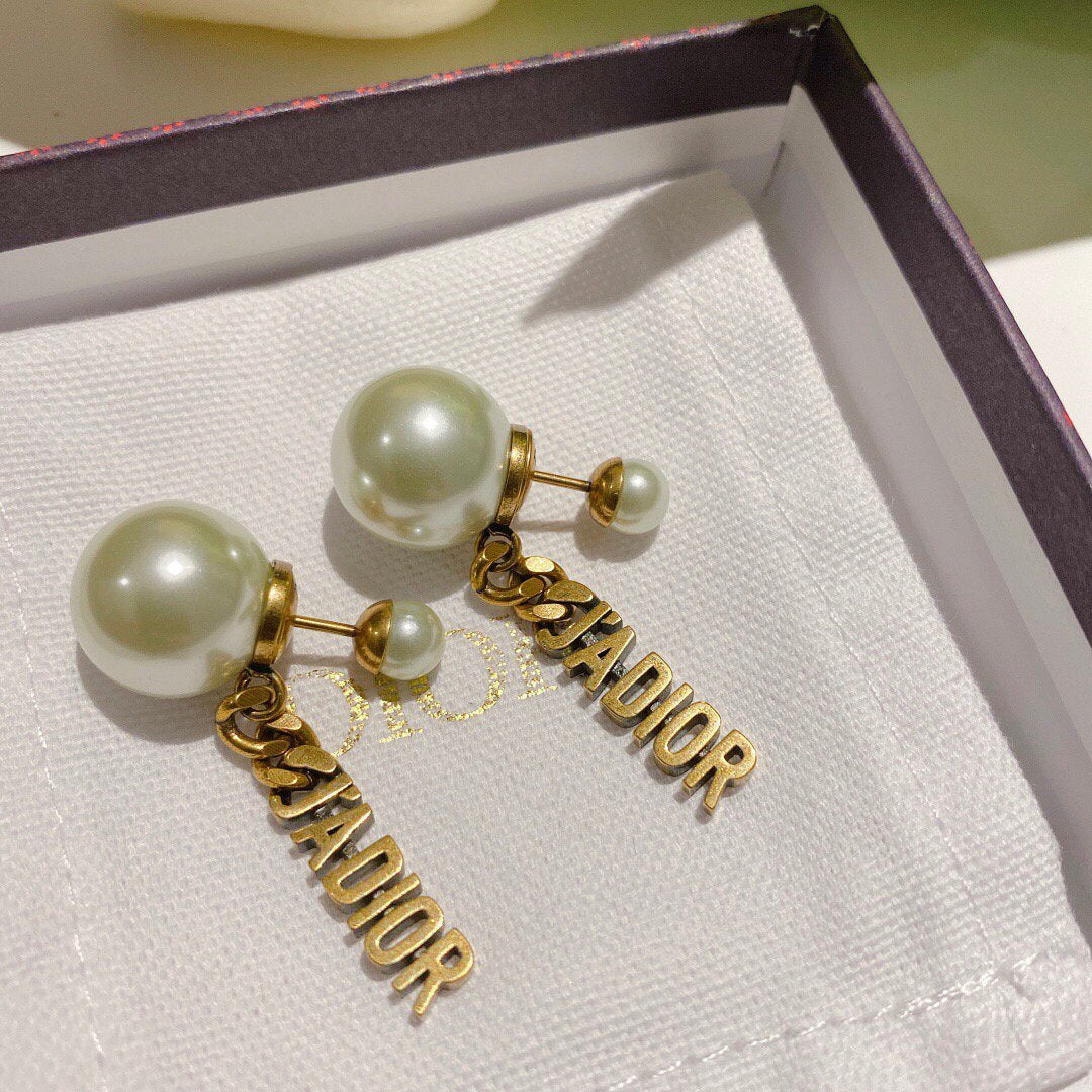 Dior J'ADIOR Earrings Antique Gold-Finish Metal White Resin Pearls and White Crystals 20202 - luxibagsmall