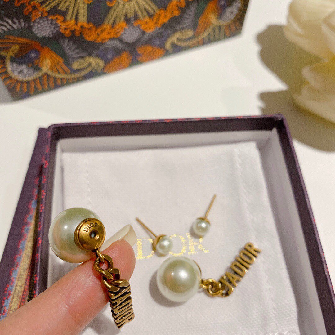 Dior J'ADIOR Earrings Antique Gold-Finish Metal White Resin Pearls and White Crystals 20202 - luxibagsmall