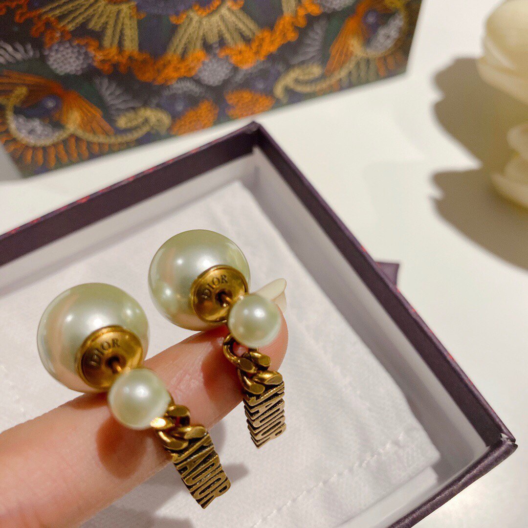 Dior J'ADIOR Earrings Antique Gold-Finish Metal White Resin Pearls and White Crystals 20202 - luxibagsmall