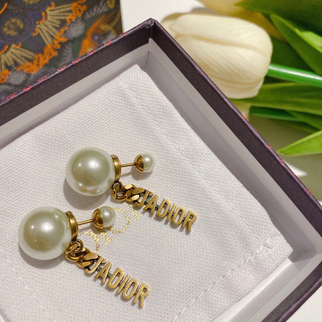 Dior J'ADIOR Earrings Antique Gold-Finish Metal White Resin Pearls and White Crystals 20202 - luxibagsmall