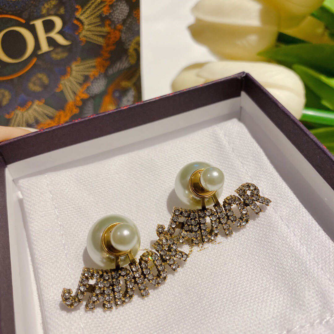 Dior J'ADIOR Earrings Antique Gold-Finish Metal White Resin Pearls and White Crystals 20203 - luxibagsmall