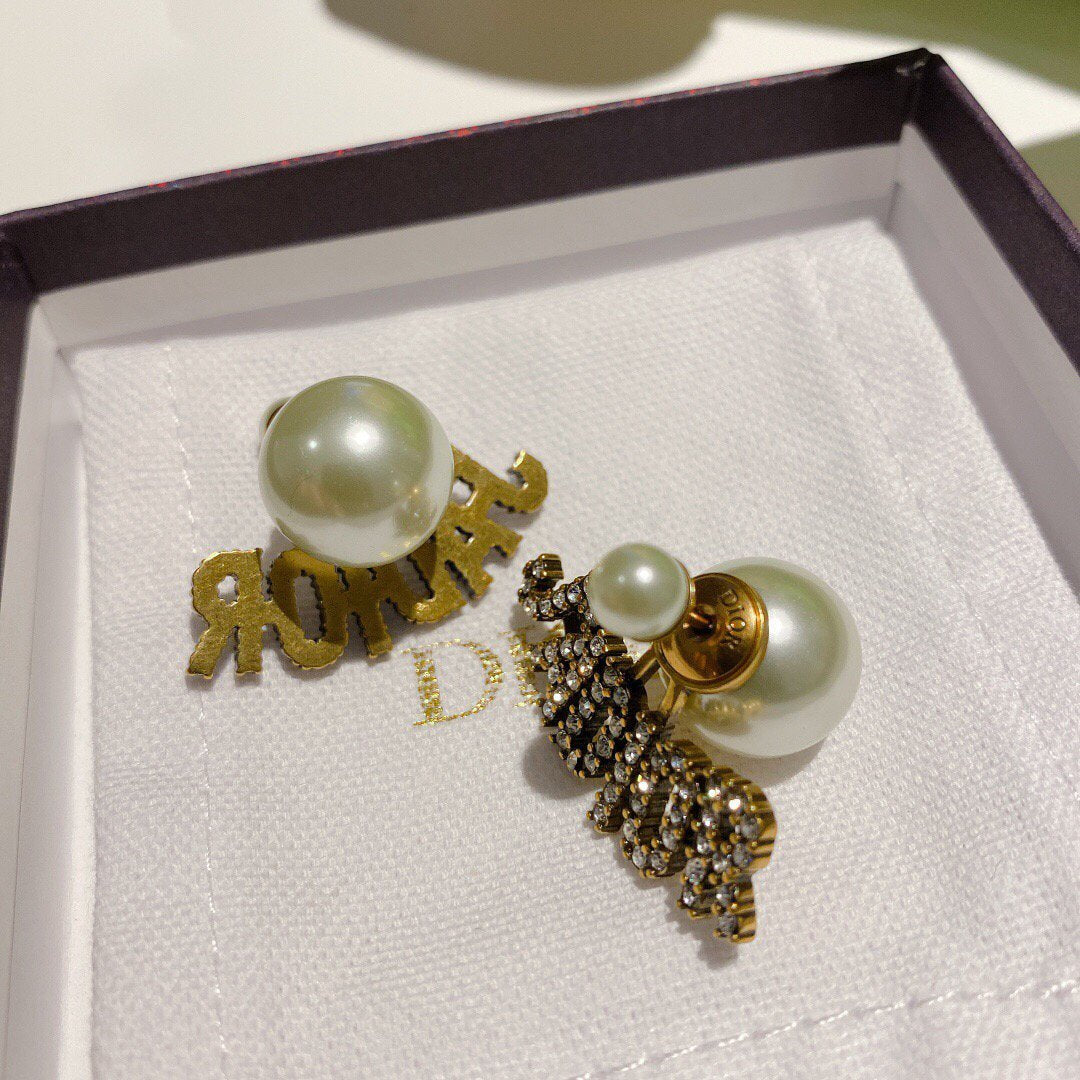 Dior J'ADIOR Earrings Antique Gold-Finish Metal White Resin Pearls and White Crystals 20203 - luxibagsmall